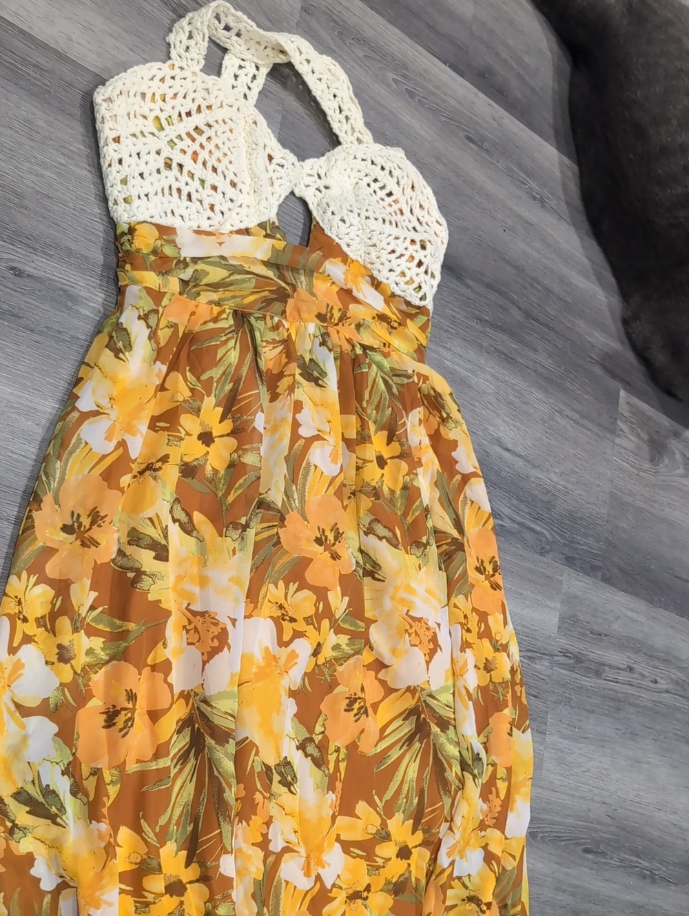 Yellow Floral Crochet-Top Dress
